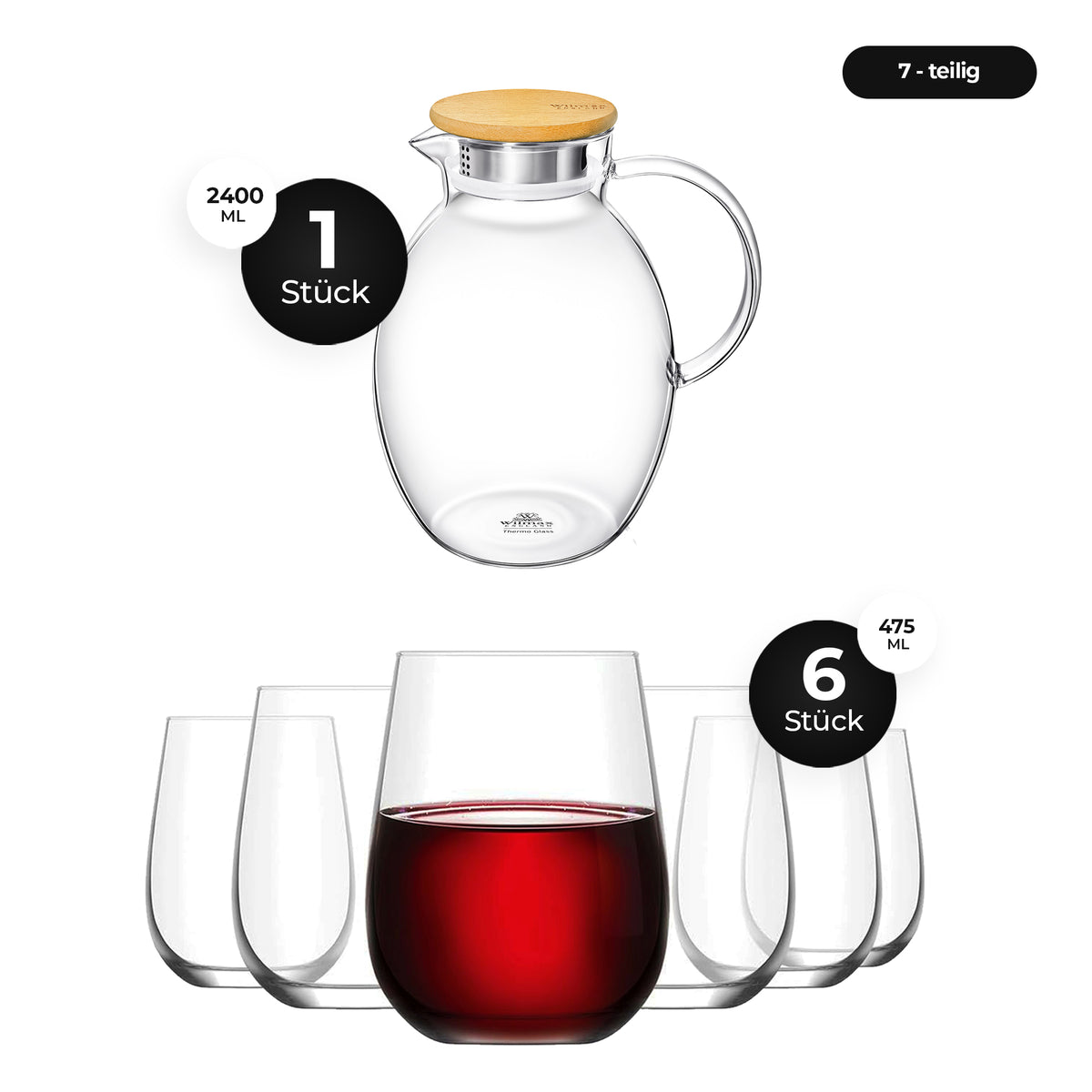 LAV Weingläser 6er Set 475 ml & Wilmax Glaskrug Set 2400 ml