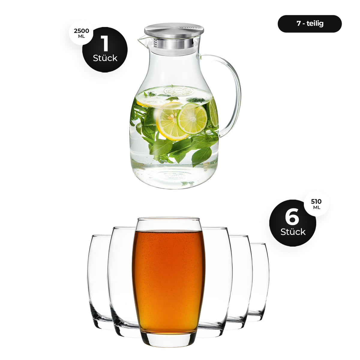 Wilmax Glaskrug 2,5 L mit Edelstahl-Deckel & LAV Longdrinkgläser 510 ml 6er Set