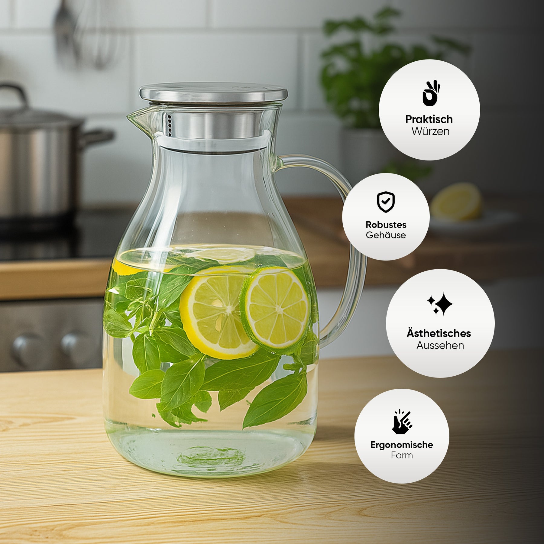 Wilmax Glaskrug 2,5 L mit Edelstahl-Deckel & LAV Longdrinkgläser 6er Set