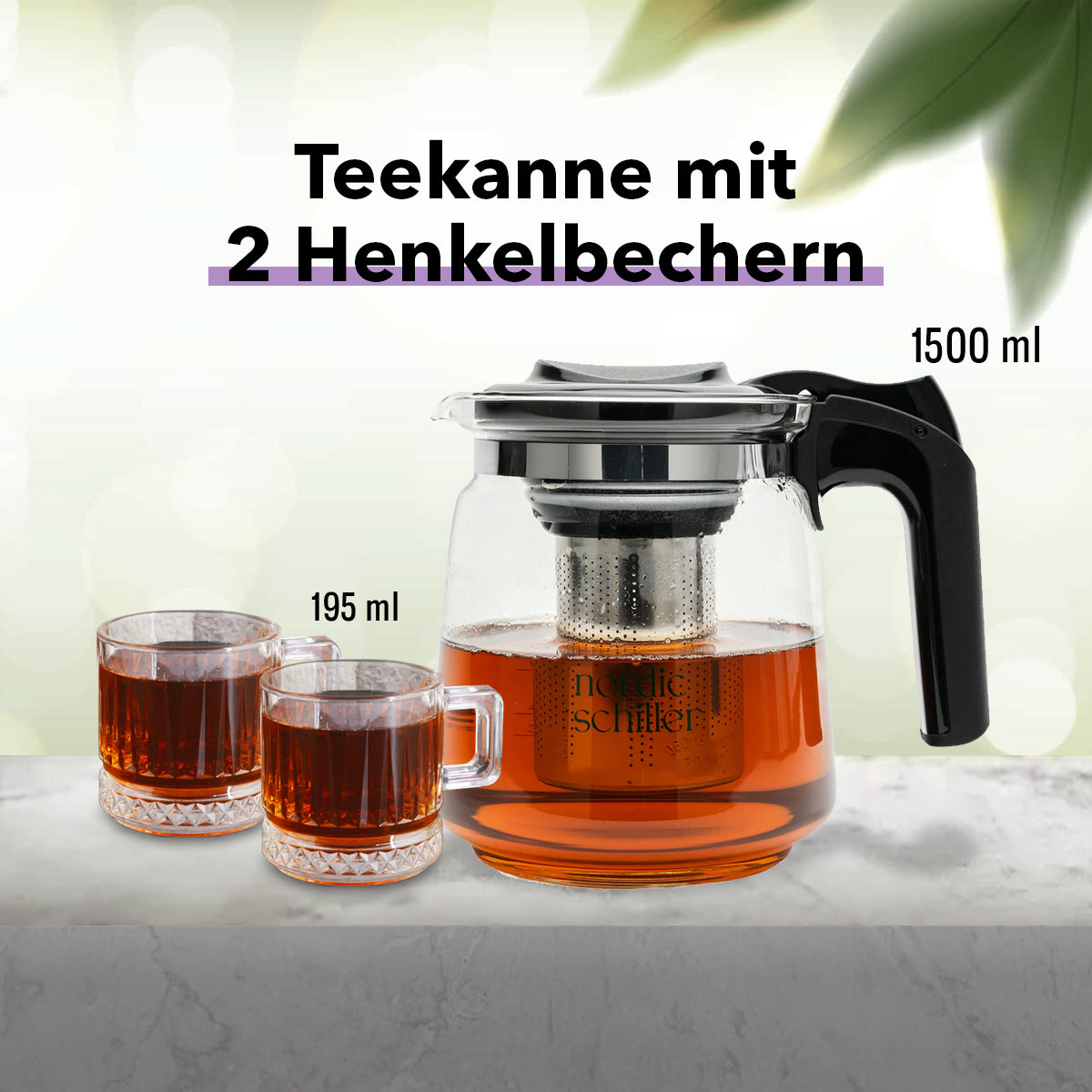 Nordic Schiller Tee-Set: 1500 ml Teekanne &amp; 2 Kristall-Design Henkelbecher 195 ml
