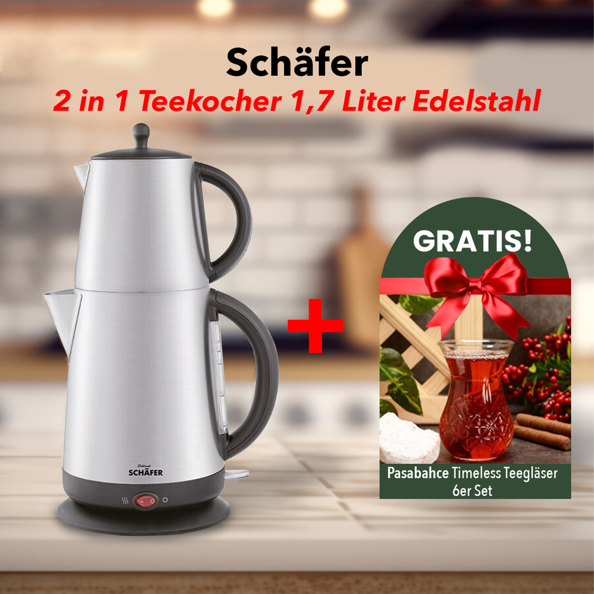 Schäfer Teekocher 1,7 Liter + Pasabahce Timeless Teegläser 6er Set
