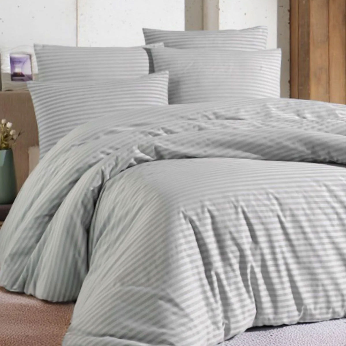 Nordic Schiller Einzelbettwäsche-Set mit gestreiften elastischen Laken 160x220 cm, Grau