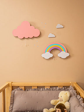 Cozy Collections Regenbogen LED-Wandnachtleuchte aus Holz mit handbemalten Wolken – 4 Pastellfarben, 9V batteriebetrieben, Set-Optionen