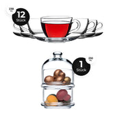 Pasabahce Kaffee-Dessert-Set 12 Glastassen 238 ml, 2 Servierschalen mit Deckel 230 ml