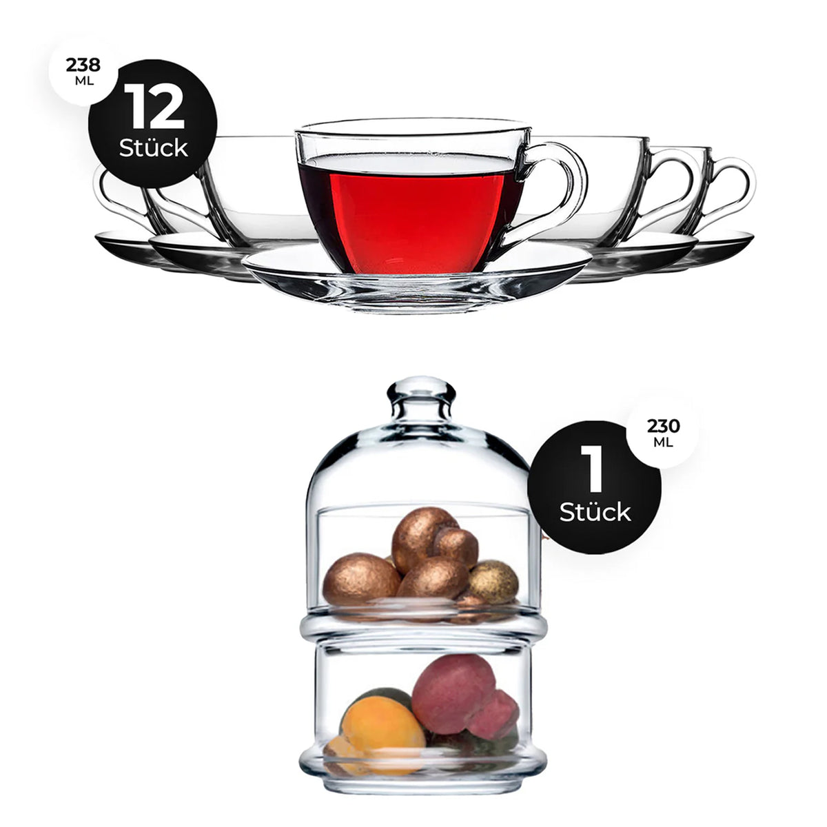 Pasabahce Kaffee & Dessert Set - 12 Glastassen 238 ml + 2 Servierschalen mit Deckel 230 ml
