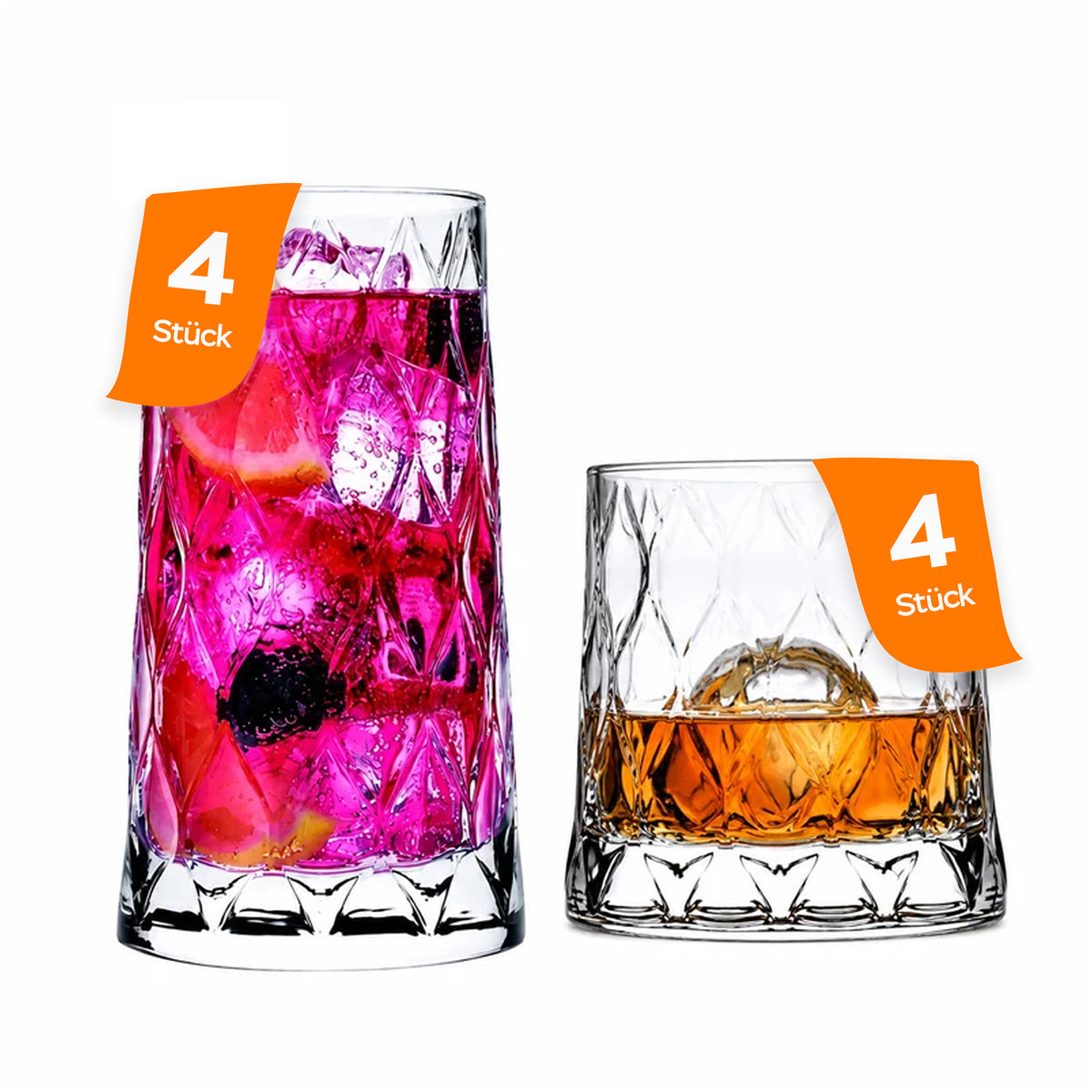 Pasabahce Leafy Gläser Set - 4 Longdrinkgläser + 4 Whiskyglas - Alle Teile