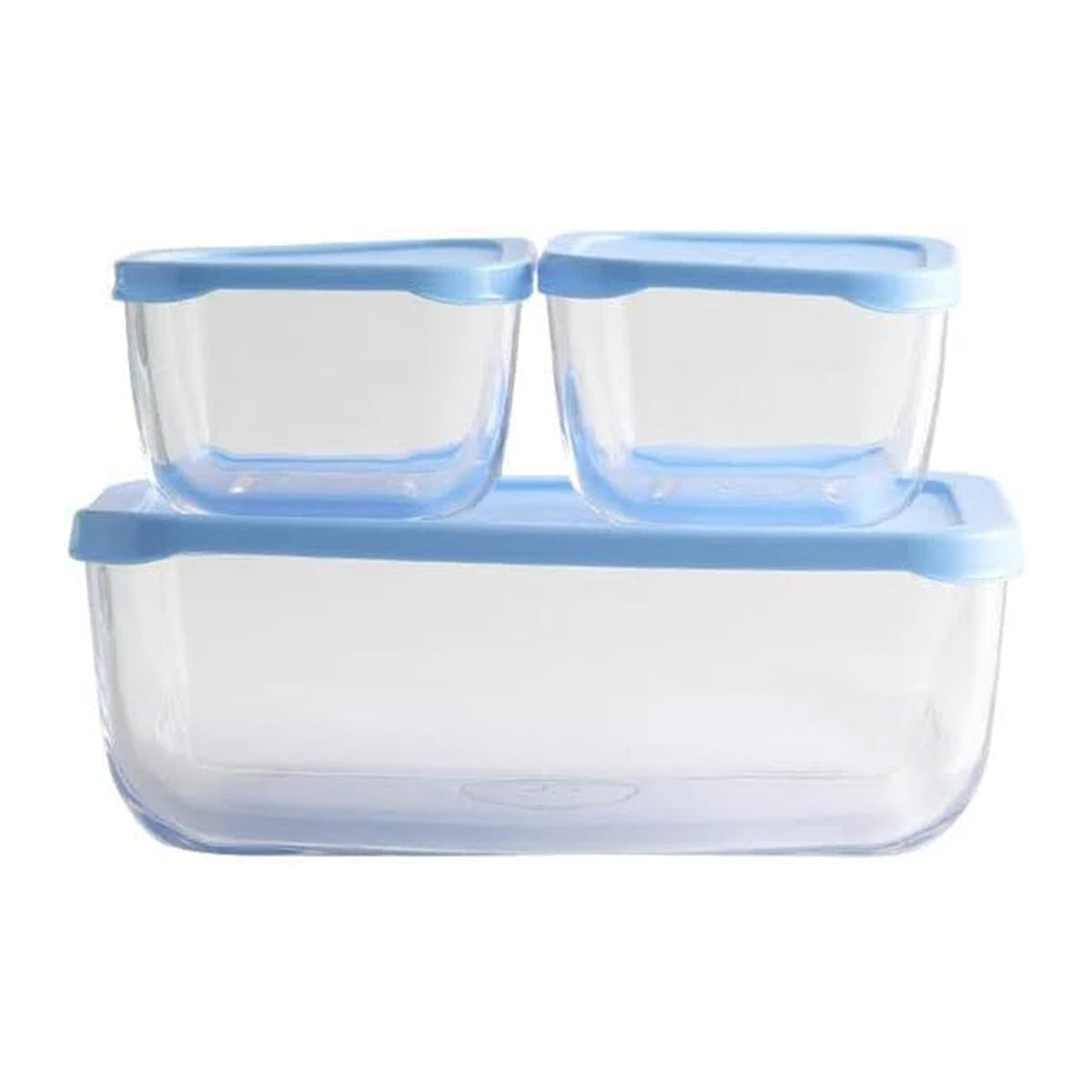 Pasabahce Snow Box Aufbewahrungsbehälter 3er Set, Vorratsgläser mit blauen Deckeln, ideal für Küche und Lebensmittelaufbewahrung