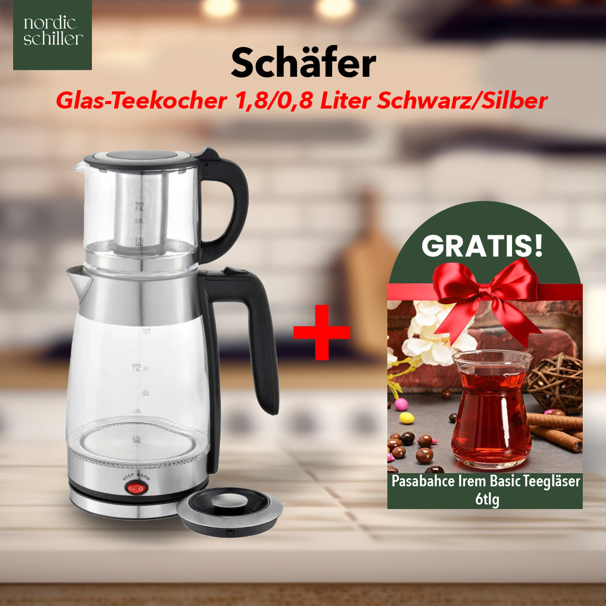 Schäfer Teekocher 1,8/0,8 Liter + Pasabahce Teegläser 6tlg Set