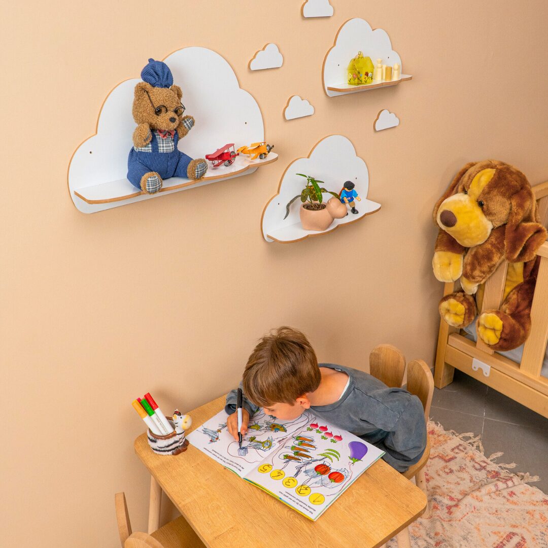 Cozy Collections 3er-Set weiße Wandregale aus Holz in Wolkenform – 3 Größen, Kinderzimmerdeko, Montessori