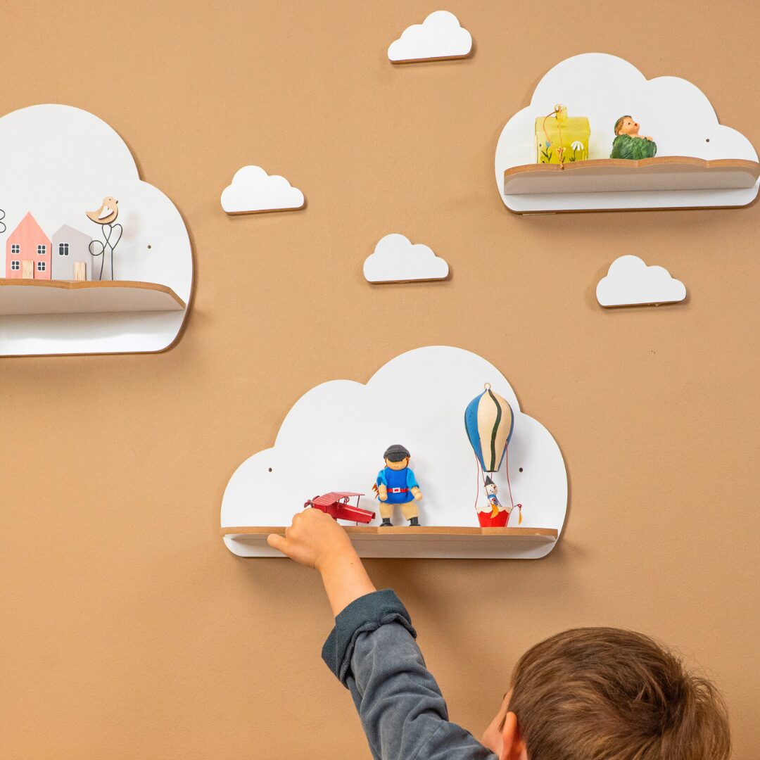 Cozy Collections 3er-Set weiße Wandregale aus Holz in Wolkenform – 3 Größen, Kinderzimmerdeko, Montessori
