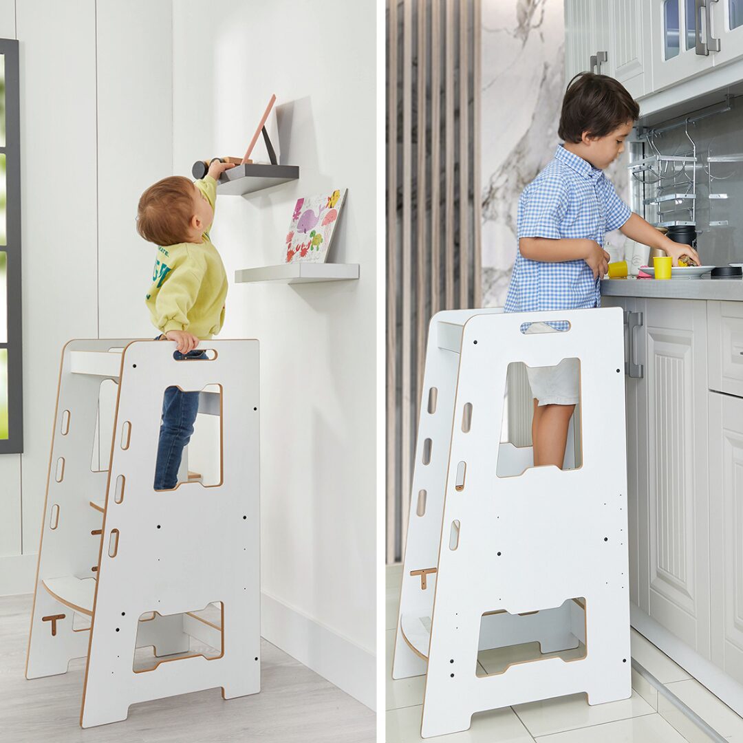 Cozy Collections Kompletter Montessori-Lernturm aus Holz – verstellbarer Tritthocker mit 3 Höhen (28/38/46 cm), 2–6 Jahre, bis 50 kg