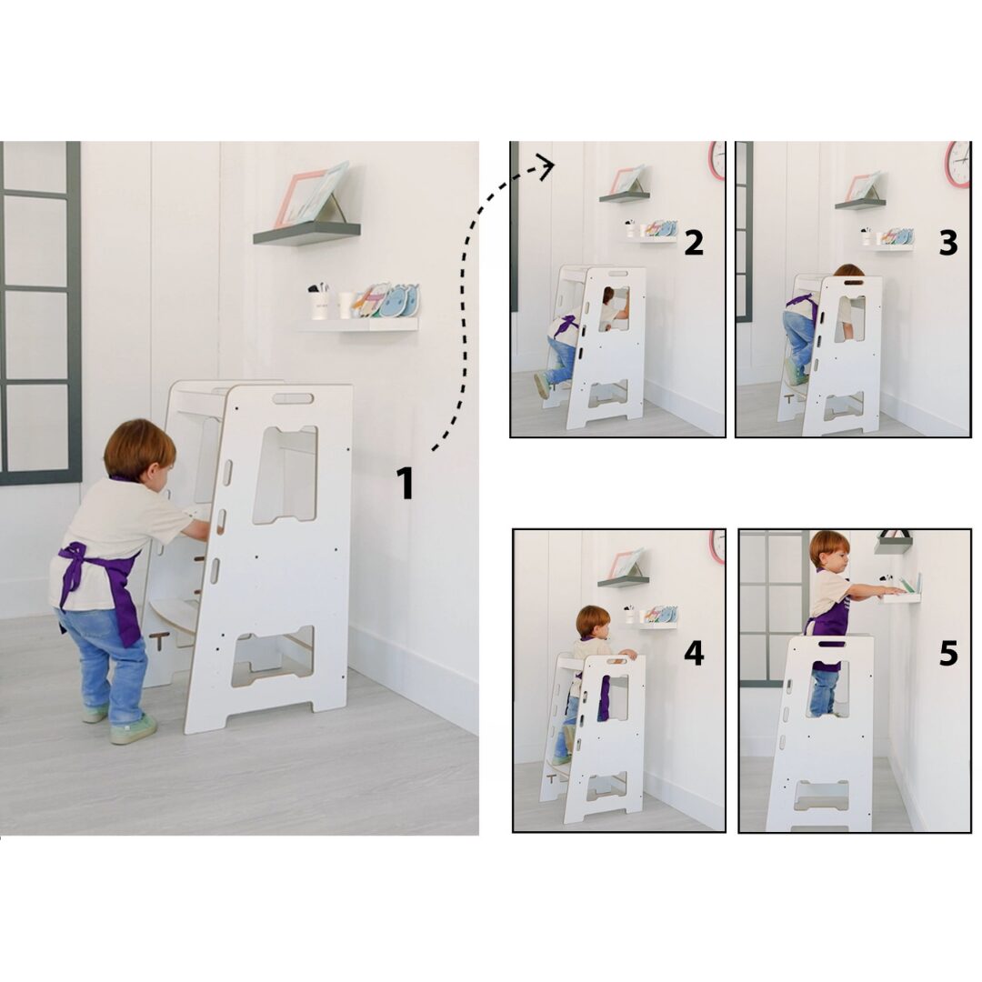 Cozy Collections Kompletter Montessori-Lernturm aus Holz – verstellbarer Tritthocker mit 3 Höhen (28/38/46 cm), 2–6 Jahre, bis 50 kg