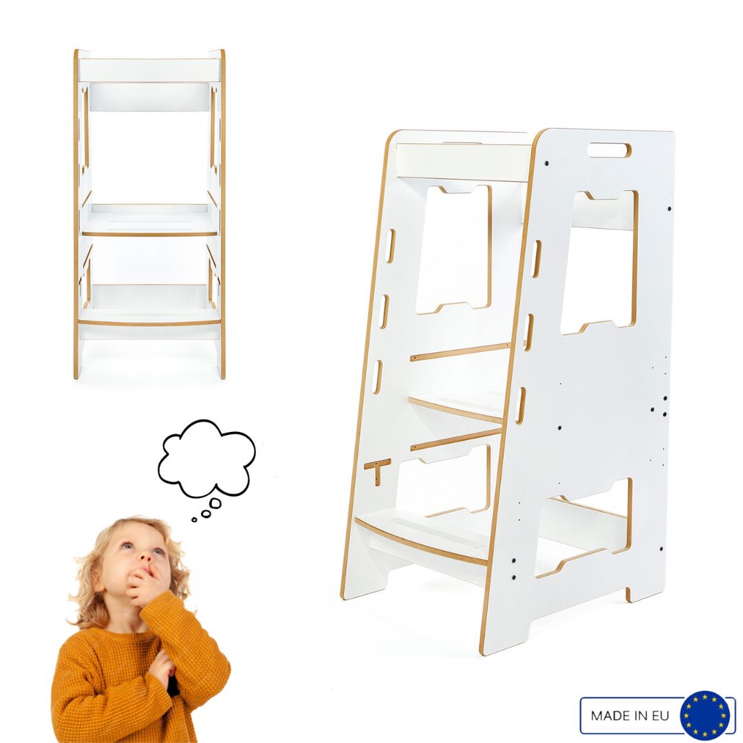Cozy Collections Kompletter Montessori-Lernturm aus Holz – verstellbarer Tritthocker mit 3 Höhen (28/38/46 cm), 2–6 Jahre, bis 50 kg