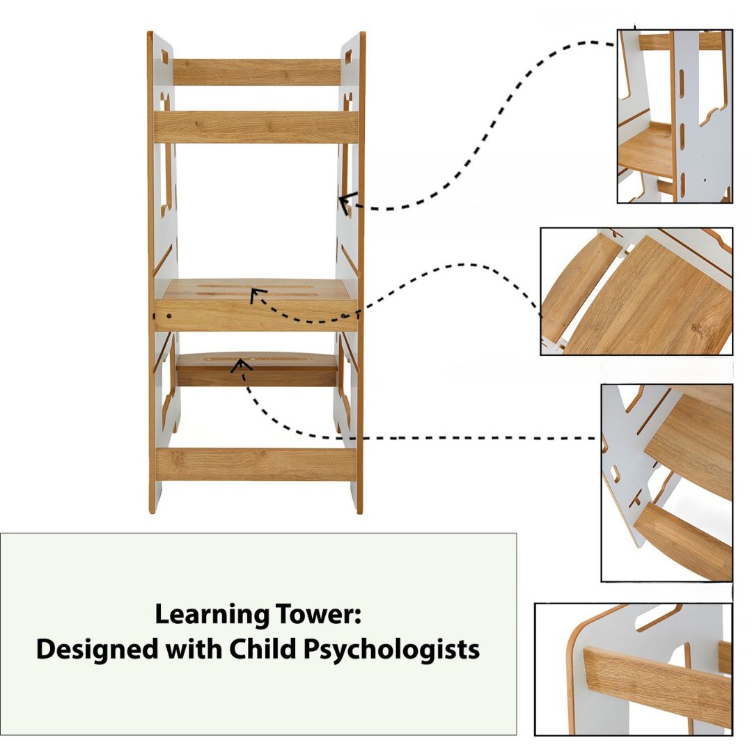 Cozy Collections Kompletter Montessori-Lernturm aus Holz – verstellbarer Tritthocker mit 3 Höhen (28/38/46 cm), 2–6 Jahre, bis 50 kg
