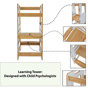 Cozy Collections Kompletter Montessori-Lernturm aus Holz – verstellbarer Tritthocker mit 3 Höhen (28/38/46 cm), 2–6 Jahre, bis 50 kg