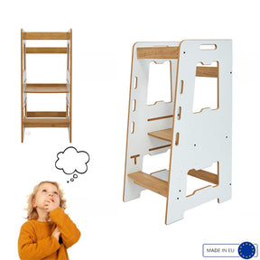Cozy Collections Kompletter Montessori-Lernturm aus Holz – verstellbarer Tritthocker mit 3 Höhen (28/38/46 cm), 2–6 Jahre, bis 50 kg