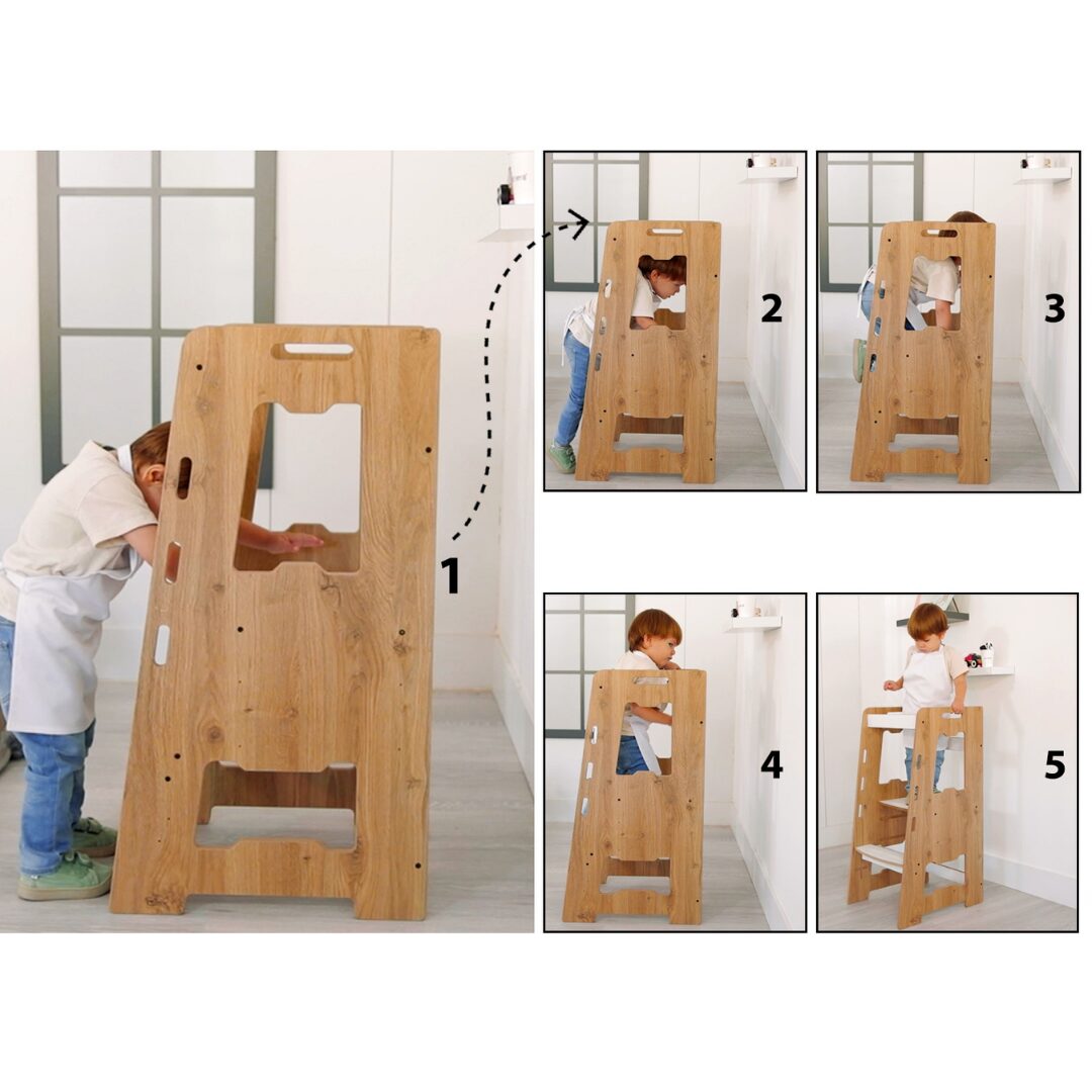Cozy Collections Kompletter Montessori-Lernturm aus Holz – verstellbarer Tritthocker mit 3 Höhen (28/38/46 cm), 2–6 Jahre, bis 50 kg
