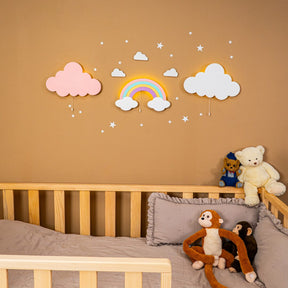 Cozy Collections Regenbogen LED-Wandnachtleuchte aus Holz mit handbemalten Wolken – 4 Pastellfarben, 9V batteriebetrieben, Set-Optionen