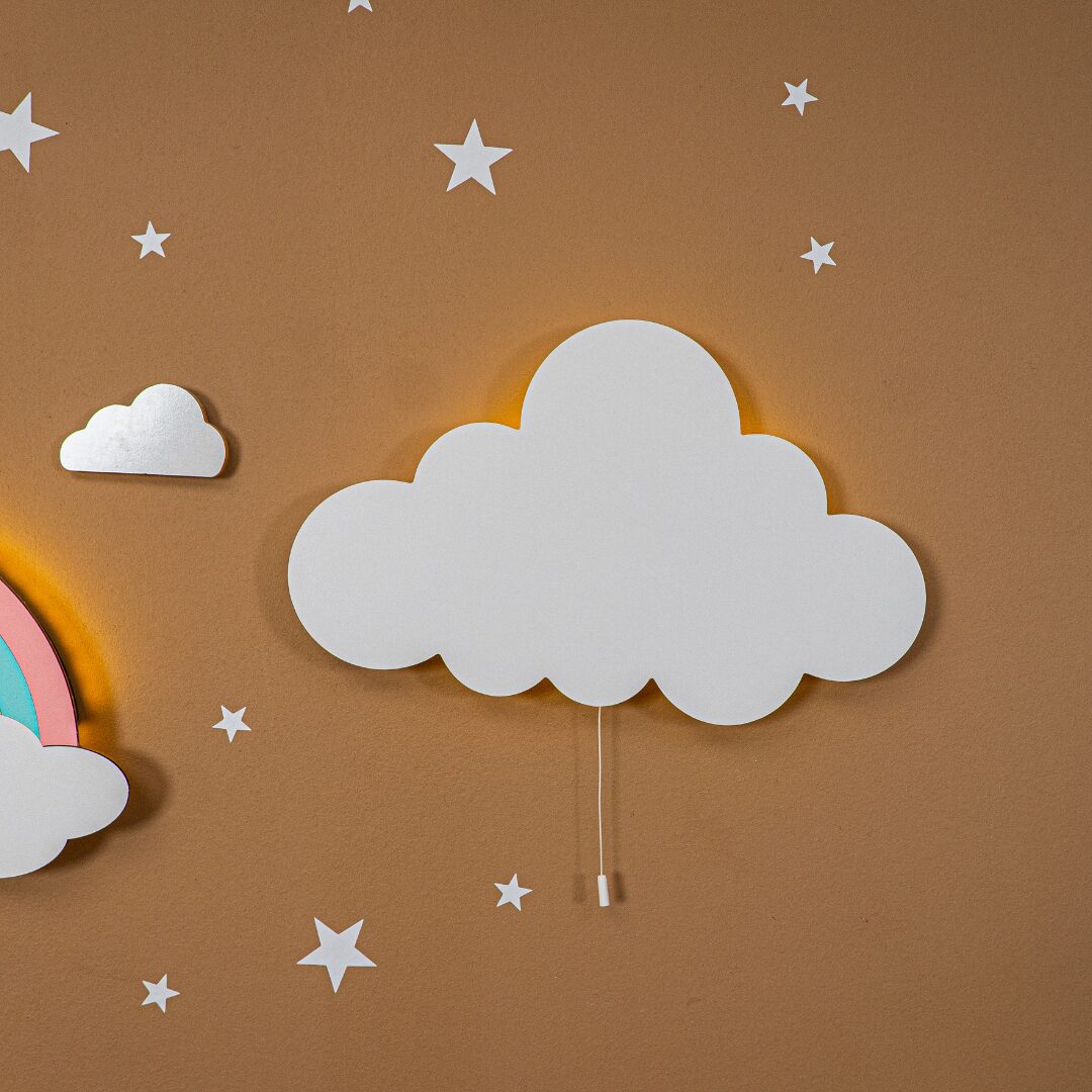 Cozy Collections Regenbogen LED-Wandnachtleuchte aus Holz mit handbemalten Wolken – 4 Pastellfarben, 9V batteriebetrieben, Set-Optionen