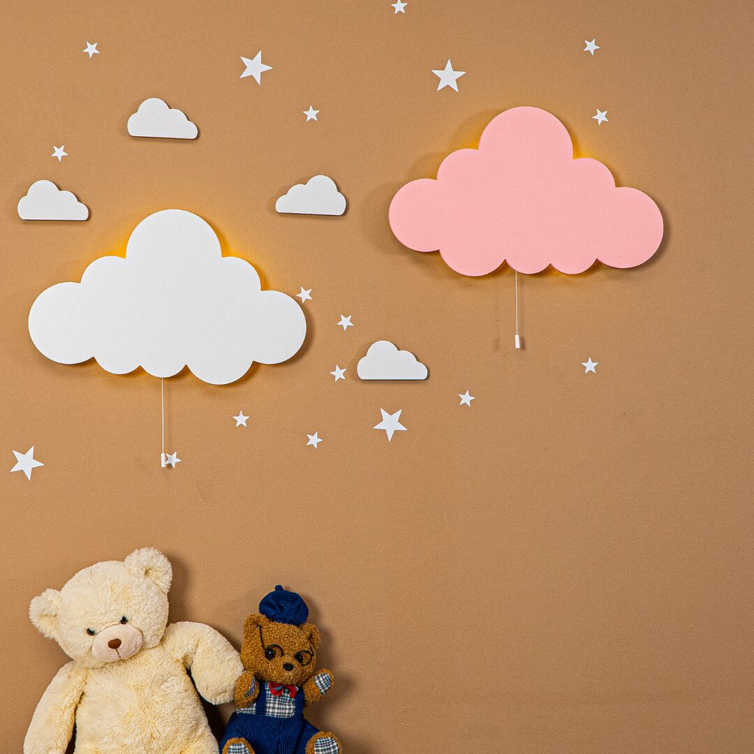 Cozy Collections Handbemalte LED-Wandleuchte Wolke aus Holz – Pastell (Rosa/Grau/Beige), 9V batteriebetrieben, Einzel/Duo/3er-Set