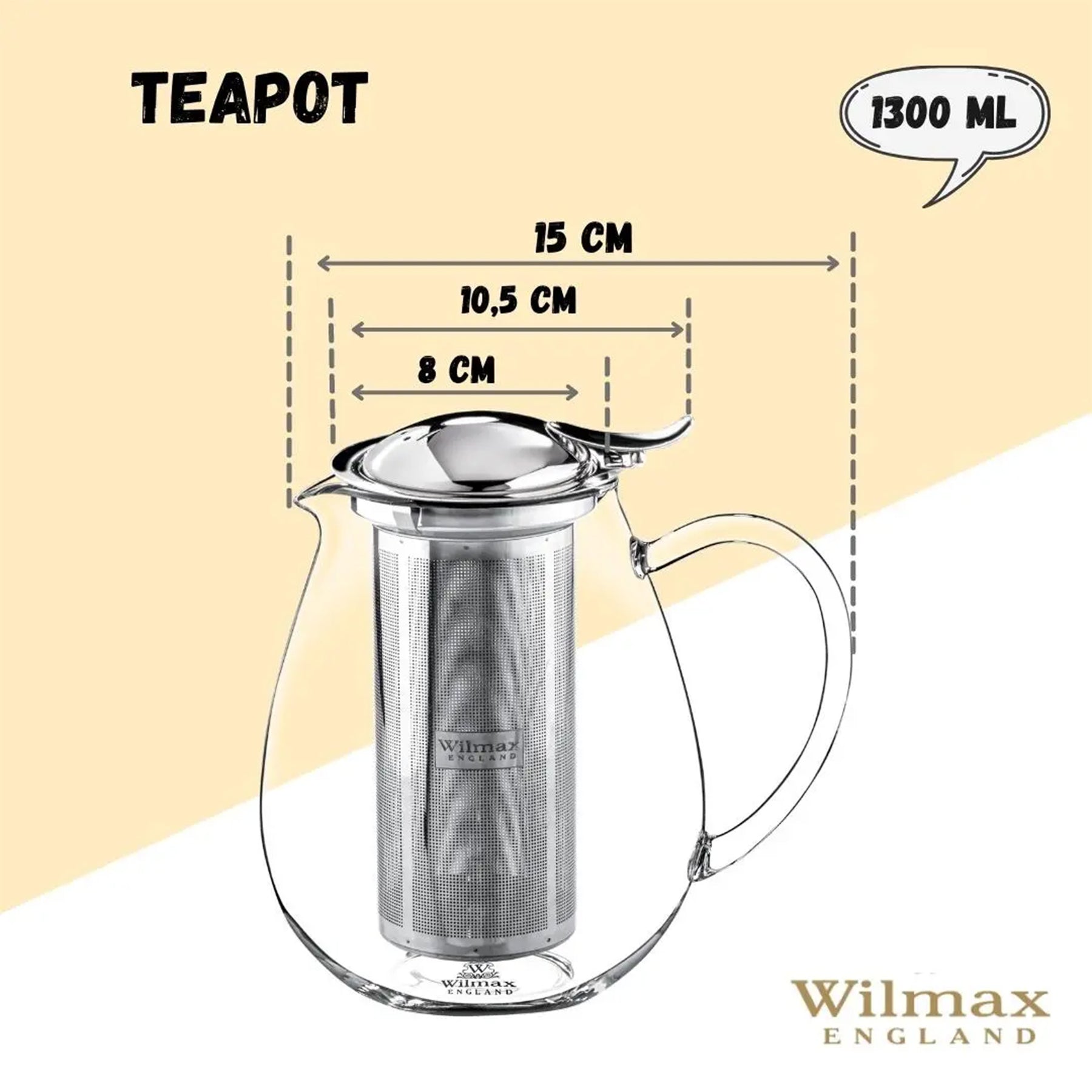 Wilmax Teekanne aus hitzebeständigem Glas 1300 ml mit Edelstahlfilter