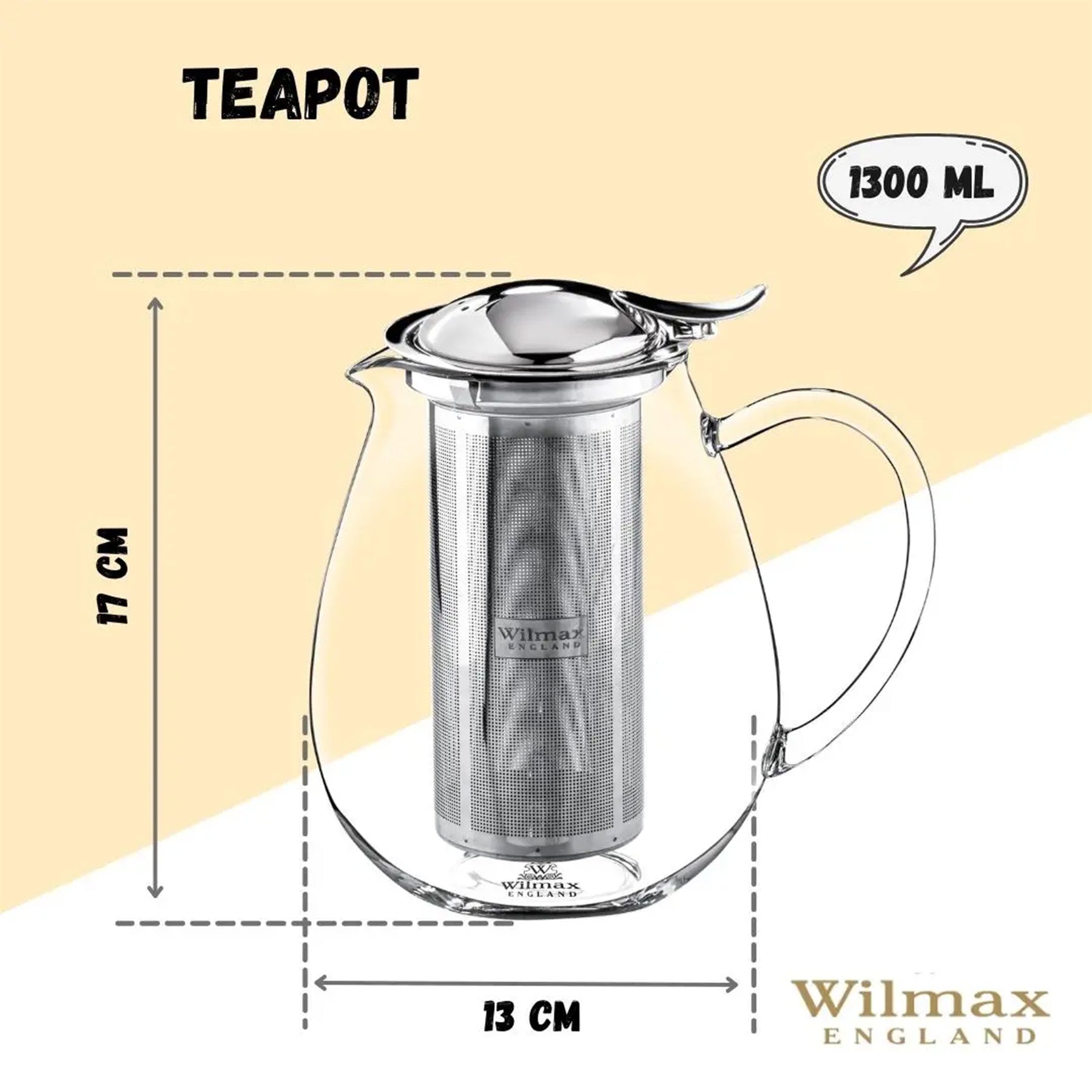 Wilmax Teekanne aus hitzebeständigem Glas 1300 ml mit Edelstahlfilter
