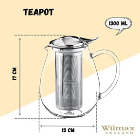 Wilmax Teekanne aus hitzebeständigem Glas 1300 ml mit Edelstahlfilter