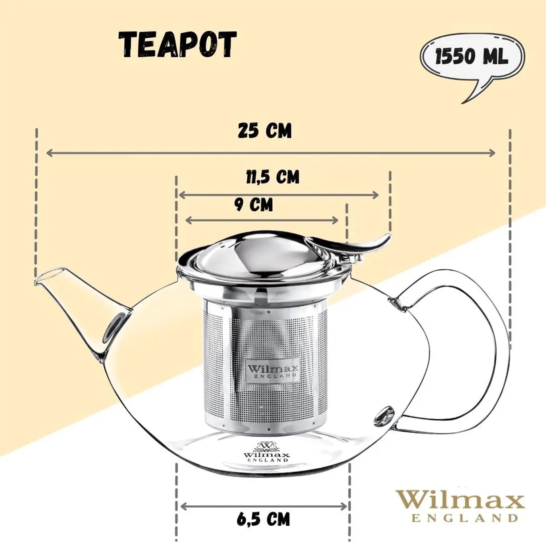Wilmax Teekanne 1550 ml mit herausnehmbarem Filter aus Glas