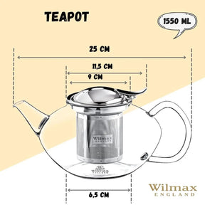 Wilmax Teekanne 1550 ml mit herausnehmbarem Filter aus Glas