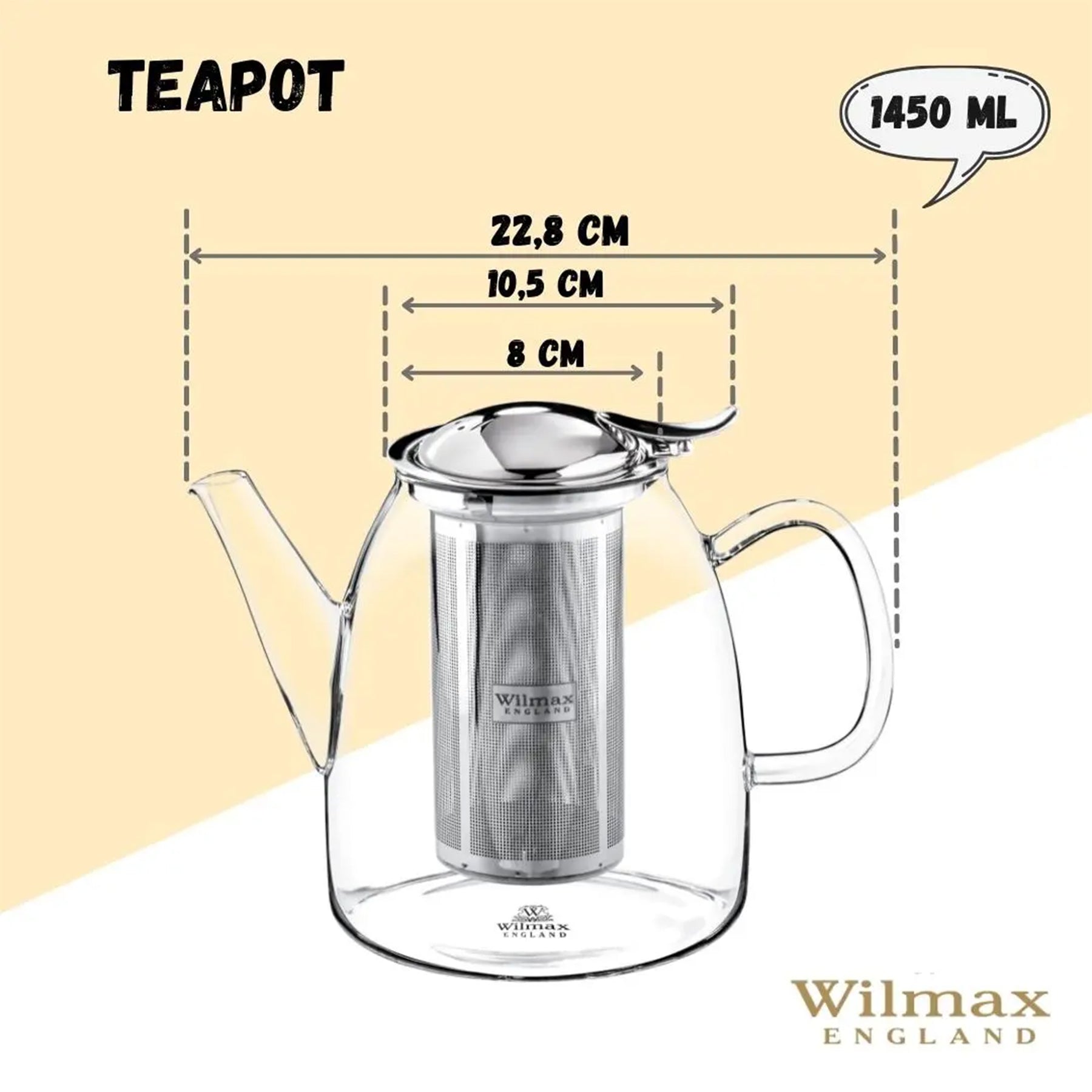 Wilmax Teekanne 1450 ml aus hitzebeständigem Glas mit Filter