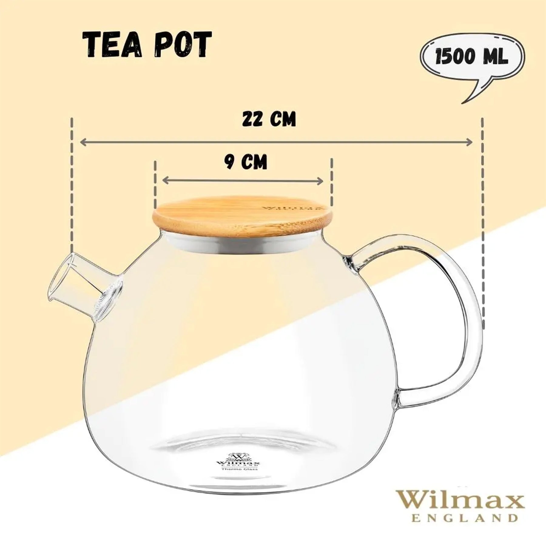 Wilmax Teekanne 1500 ml aus hitzebeständigem Glas mit Filter
