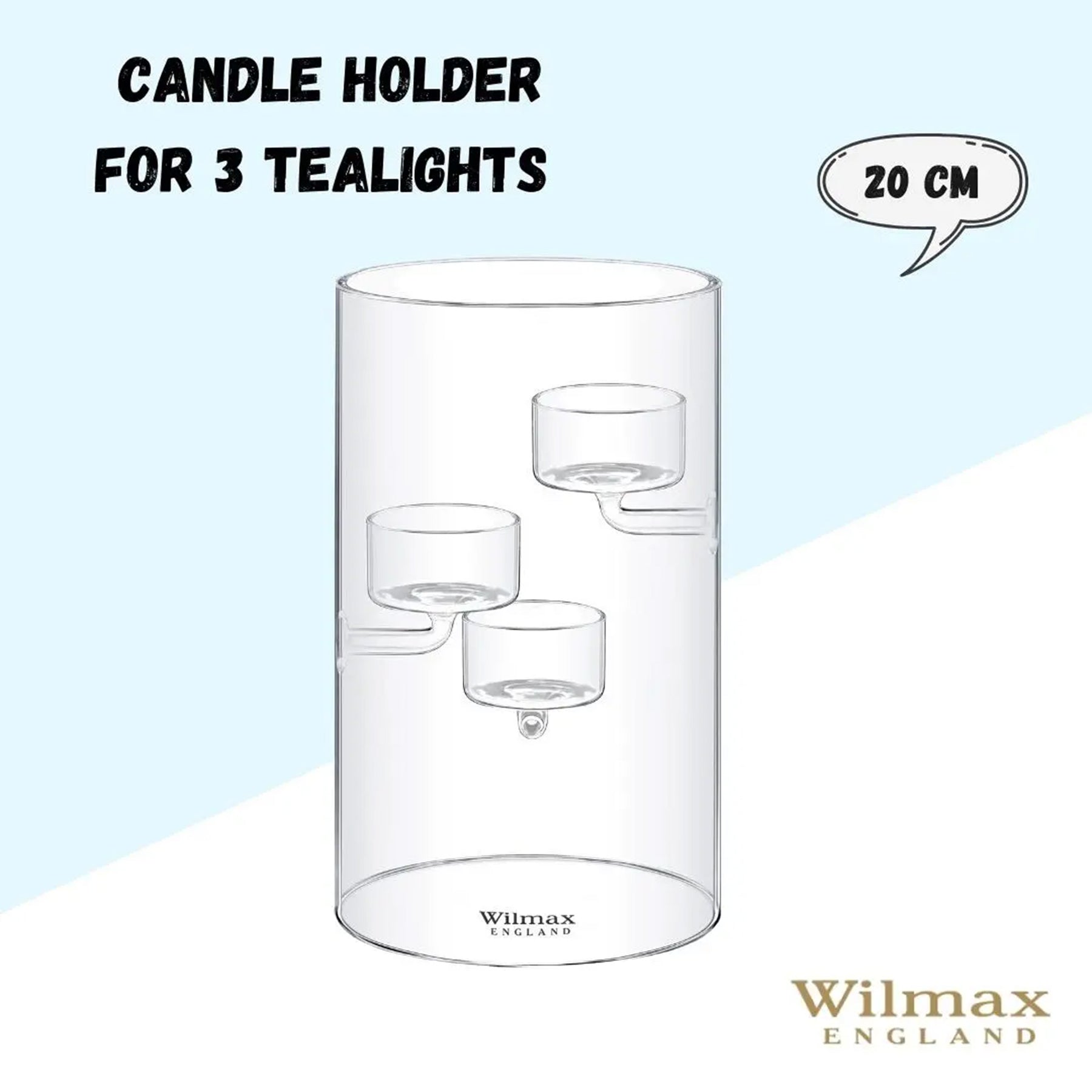 Wilmax Teelichthalter aus Glas für 3 Teelichter, 20 cm
