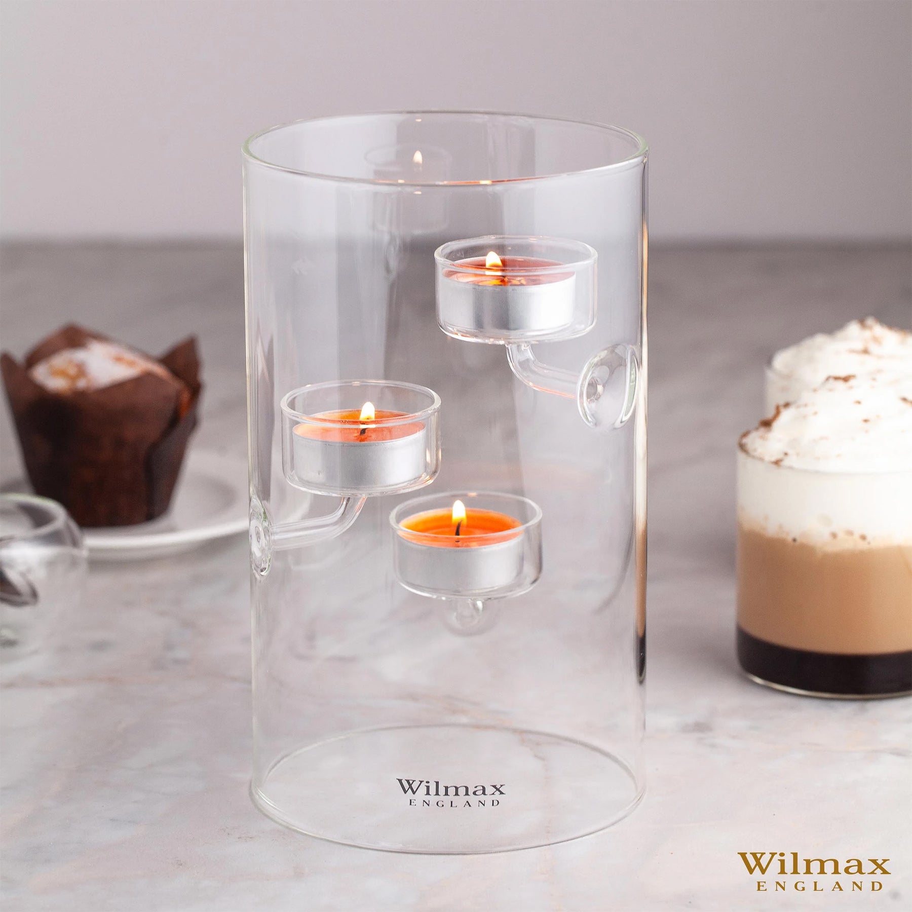 Wilmax Teelichthalter aus Glas für 3 Teelichter, 20 cm