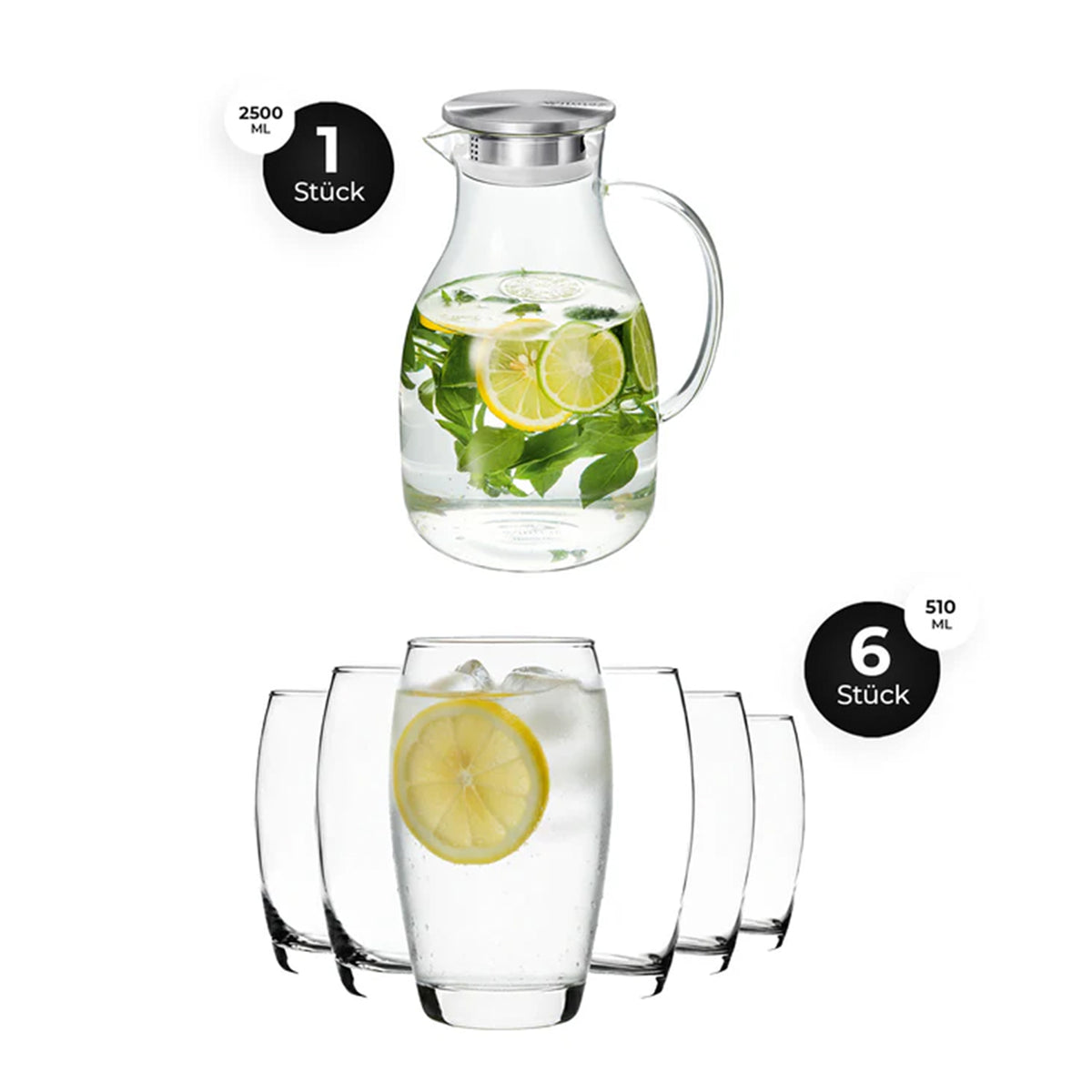 Wilmax Glaskrug 2,5 L mit Edelstahl-Deckel & LAV Longdrinkgläser 510 ml 6er Set