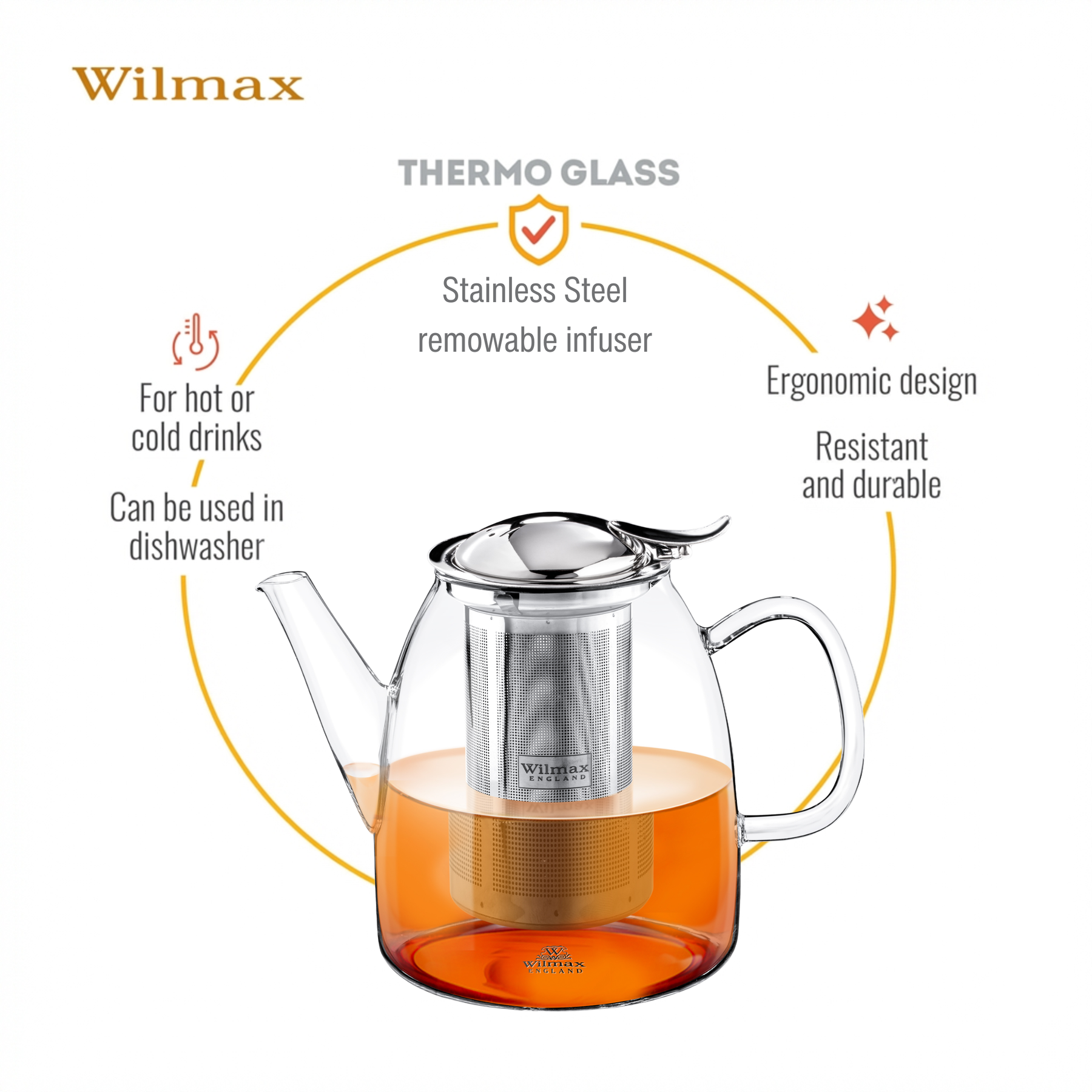 Wilmax Thermoglas Teekanne mit Edelstahl-Teesieb