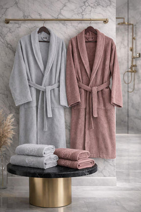 6-Piece Premium 80% Baumwolle Jacquard Bathrobe & Towel Set - Gift Boxed Grey-Powder