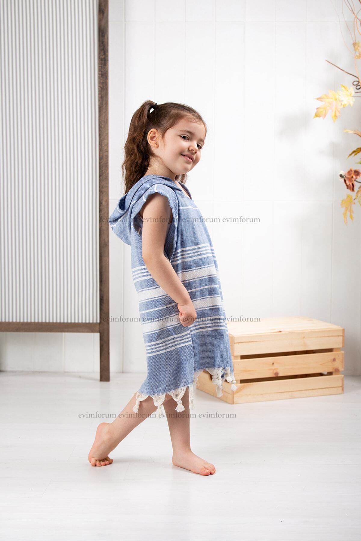 Children's Bathrobe Poncho 100% Cotton Beach Towel Peshtemal Blue