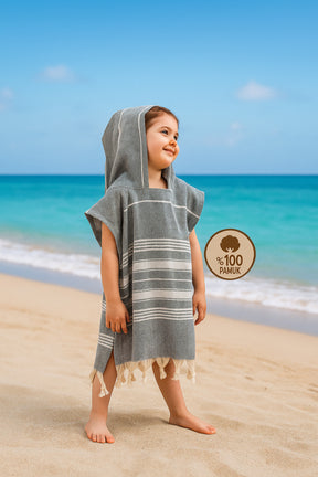 Children's Poncho 100% Cotton Beach Towel Peshtemal Gray