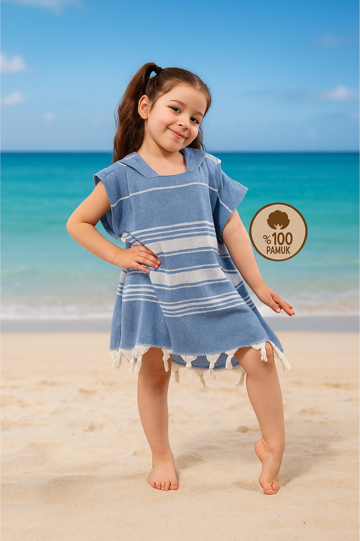 Children's Bathrobe Poncho 100% Cotton Beach Towel Peshtemal Blue