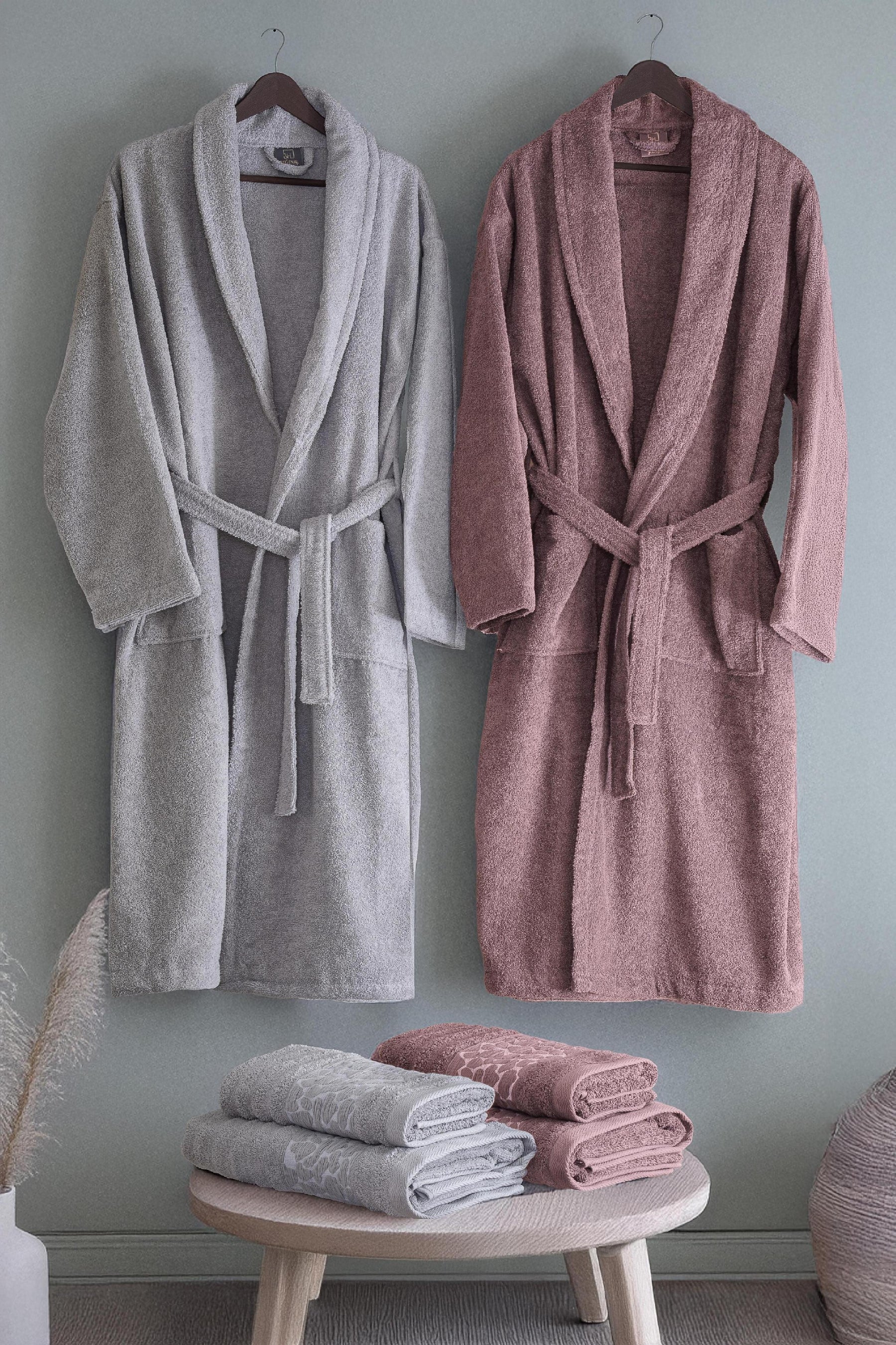 6-Piece Premium 80% Baumwolle Jacquard Bathrobe & Towel Set - Gift Boxed Grey-Powder