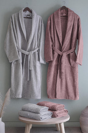 6-Piece Premium 80% Baumwolle Jacquard Bathrobe & Towel Set - Gift Boxed Grey-Powder