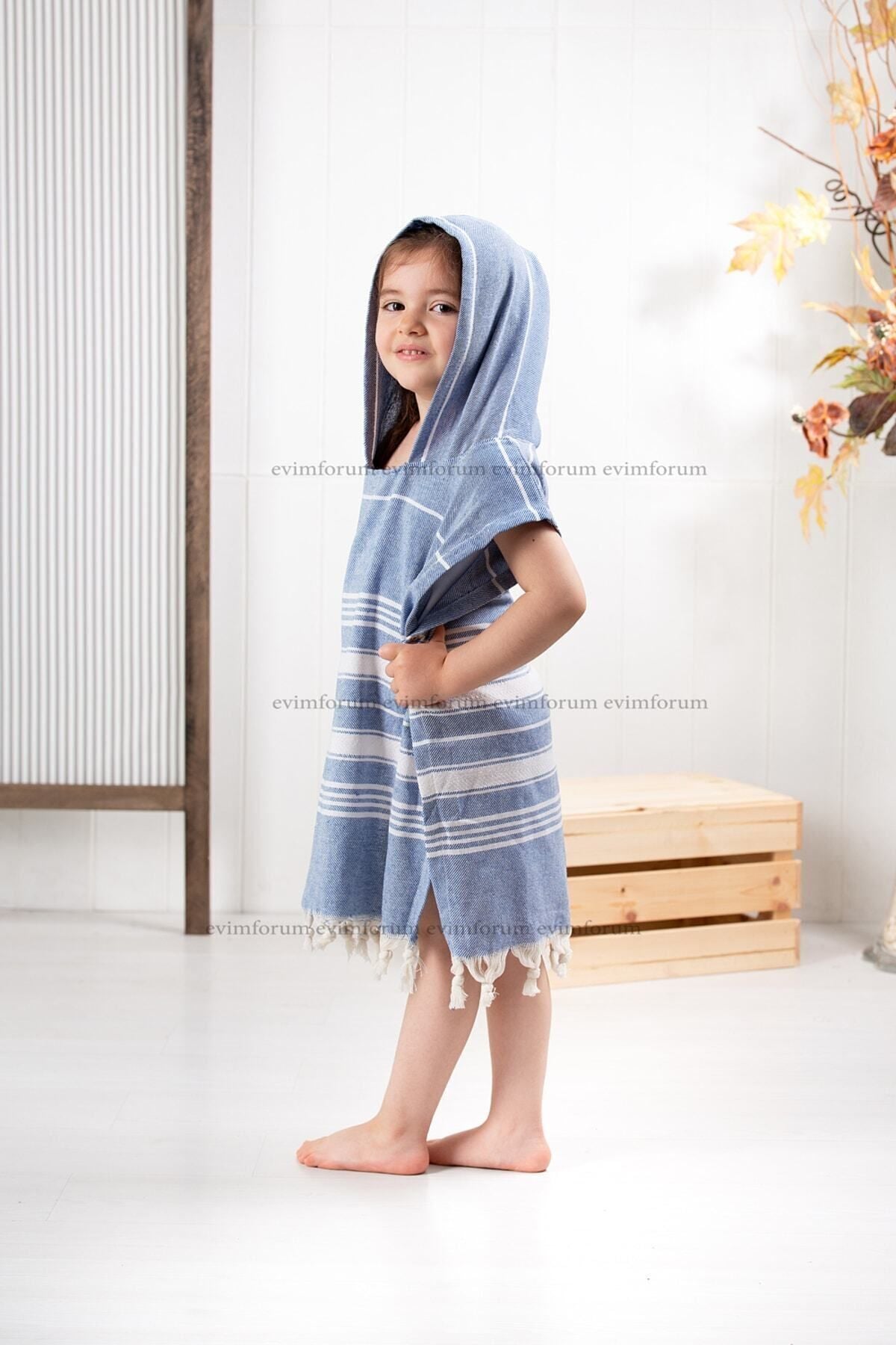 Children's Bathrobe Poncho 100% Cotton Beach Towel Peshtemal Blue