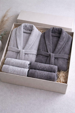 6-teiliges Premium-Bademantel- und Handtuchset aus 100 % Baumwolle (Jacquard) - Geschenkverpackung, Grau-Anthrazit
