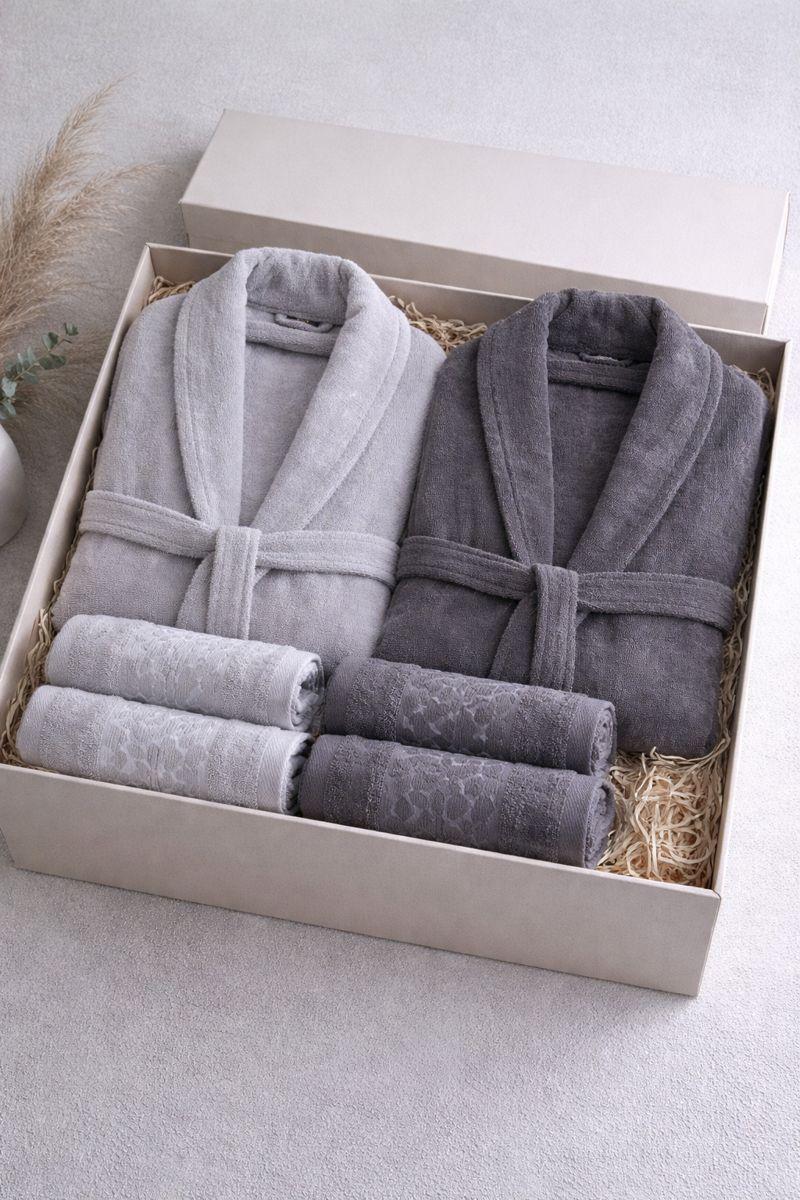 6-teiliges Premium-Bademantel- und Handtuchset aus 100 % Baumwolle (Jacquard) - Geschenkverpackung, Grau-Anthrazit