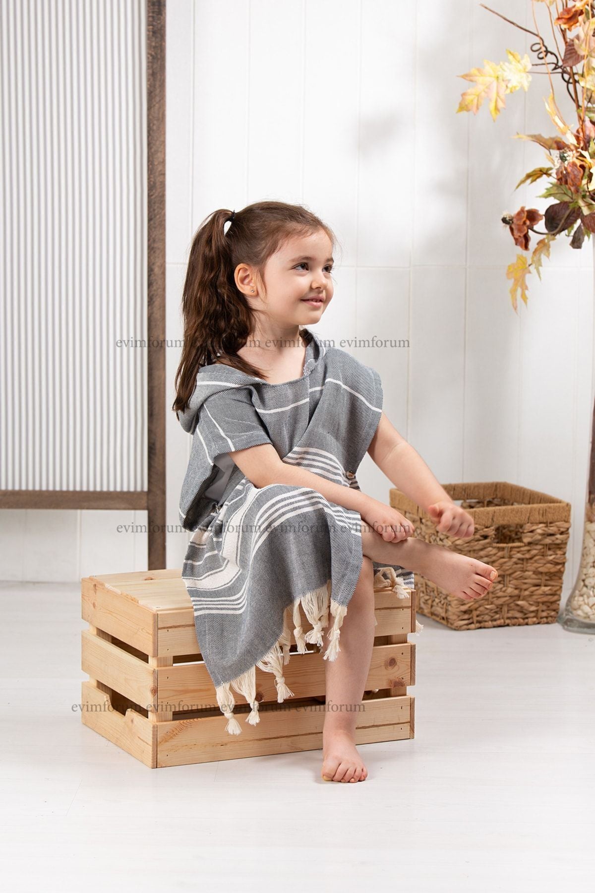 Children's Poncho 100% Cotton Beach Towel Peshtemal Gray