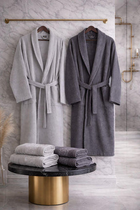 6-teiliges Premium-Bademantel- und Handtuchset aus 100 % Baumwolle (Jacquard) - Geschenkverpackung, Grau-Anthrazit