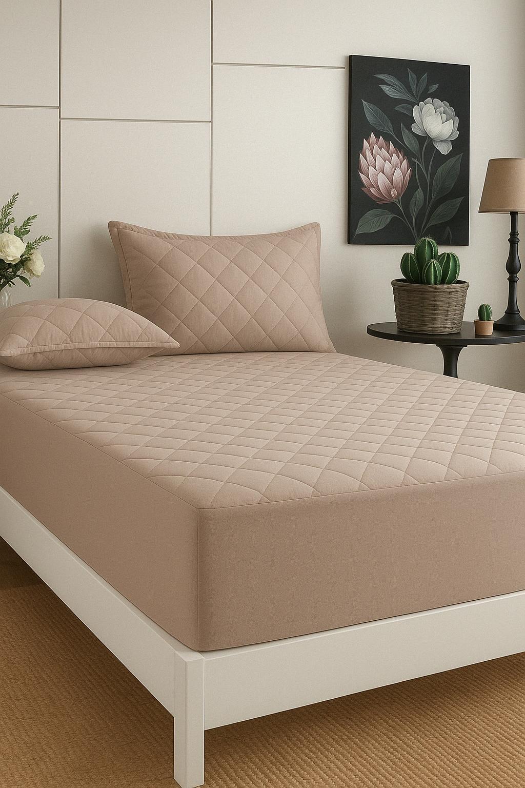 Brauner gesteppter Matratzenbezug aus 100% Baumwolle - Matratzenschoner, Spannbetttuch 90x200 cm