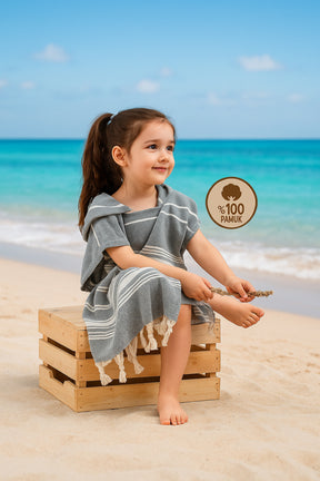 Children's Poncho 100% Cotton Beach Towel Peshtemal Gray