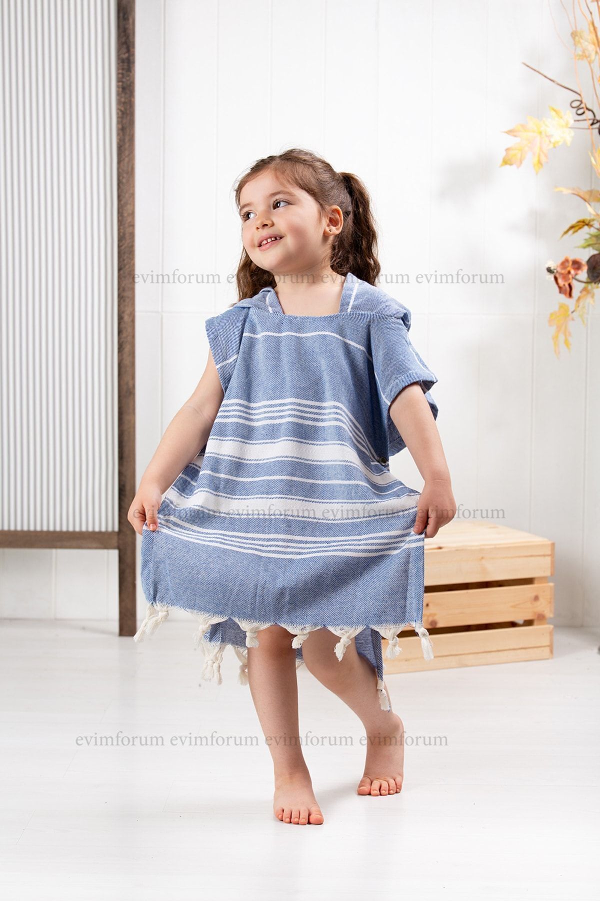 Children's Bathrobe Poncho 100% Cotton Beach Towel Peshtemal Blue