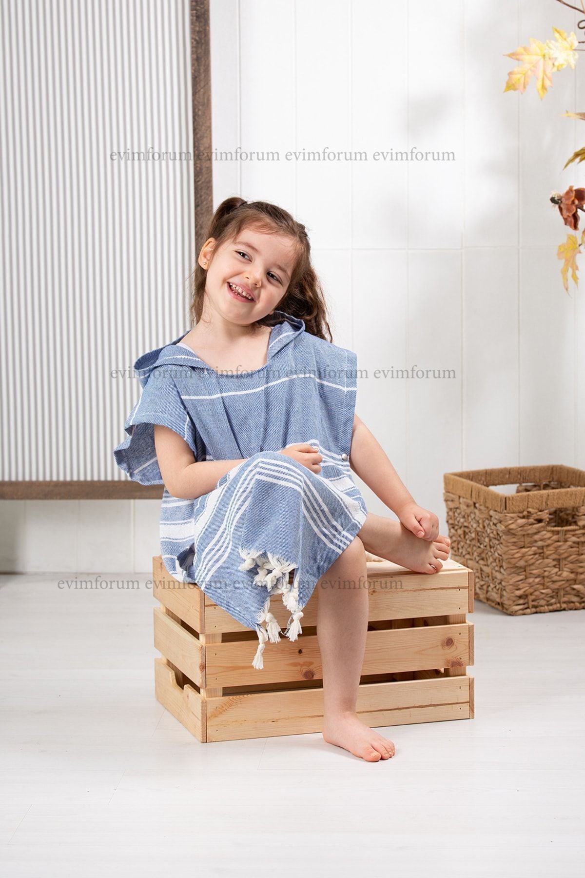 Children's Bathrobe Poncho 100% Cotton Beach Towel Peshtemal Blue